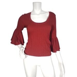 Anthropologie Womens Size XS Smocked Bell Sleeve Top Blouse Wine Red Burgundy